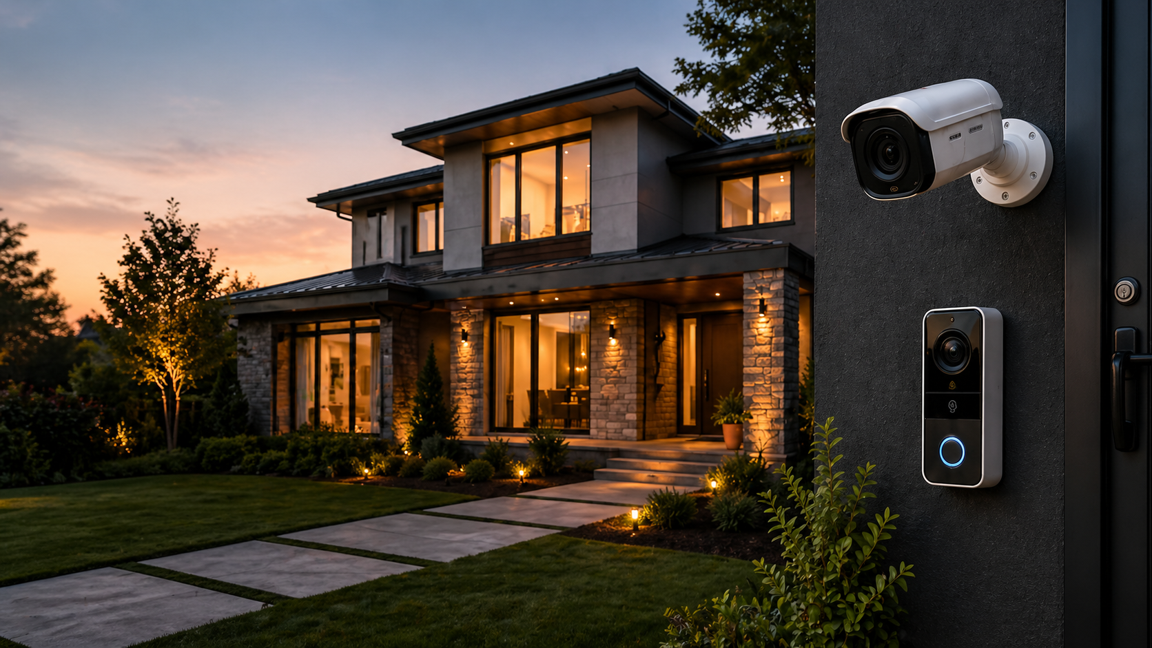 Modern home with security camera and doorbell